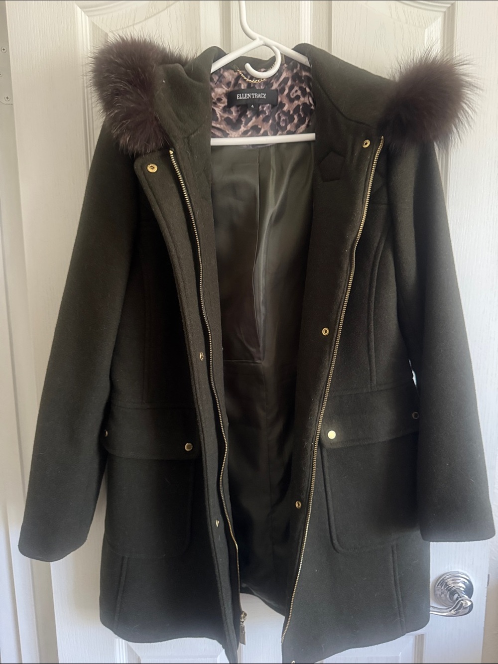 Ellen Tracy Olive Green Wool-Blend Hooded Trench Coat with Fur Trim